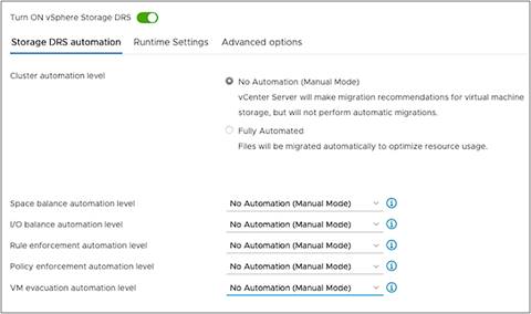 Storage DRS settings configuration on vSphere cluster