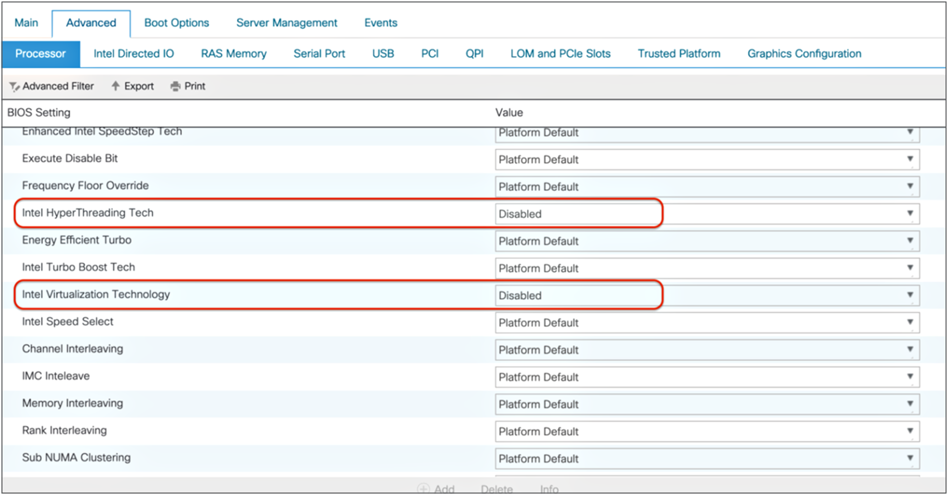 Processor settings for HPC workloads