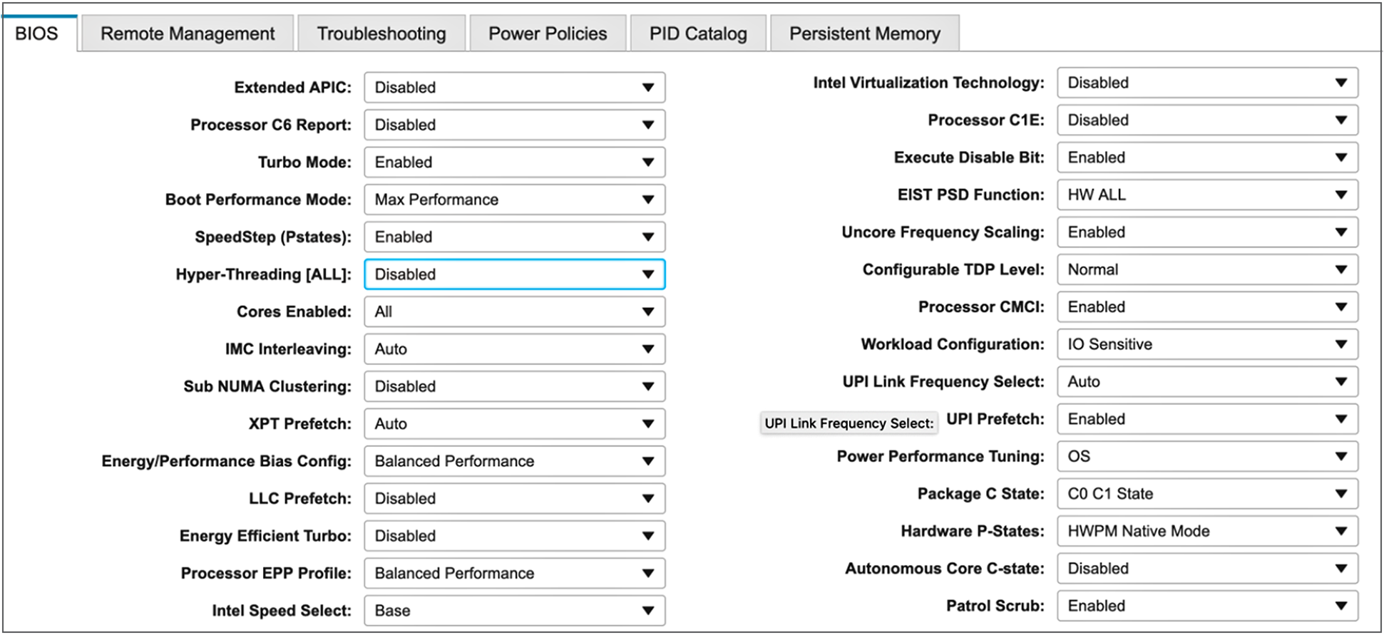 Processor settings for HPC workloads