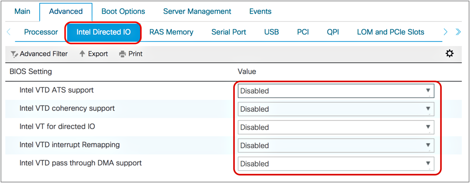 Intel Directed I/O settings for analytics database DSS workloads