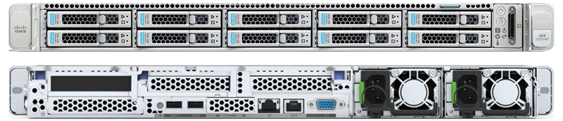 Front and rear view of Cisco UCS C220 M7 Rack Server