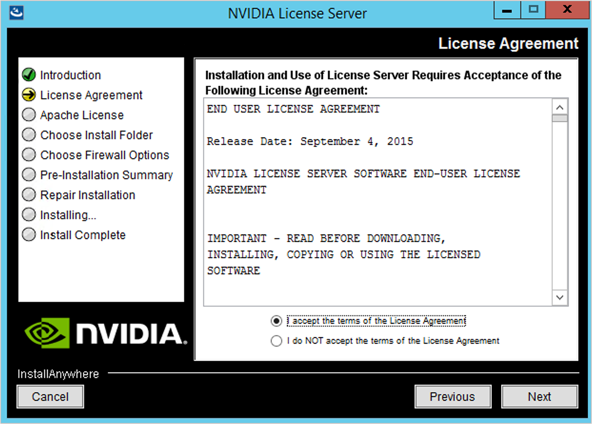 NVIDIA License Agreement screen