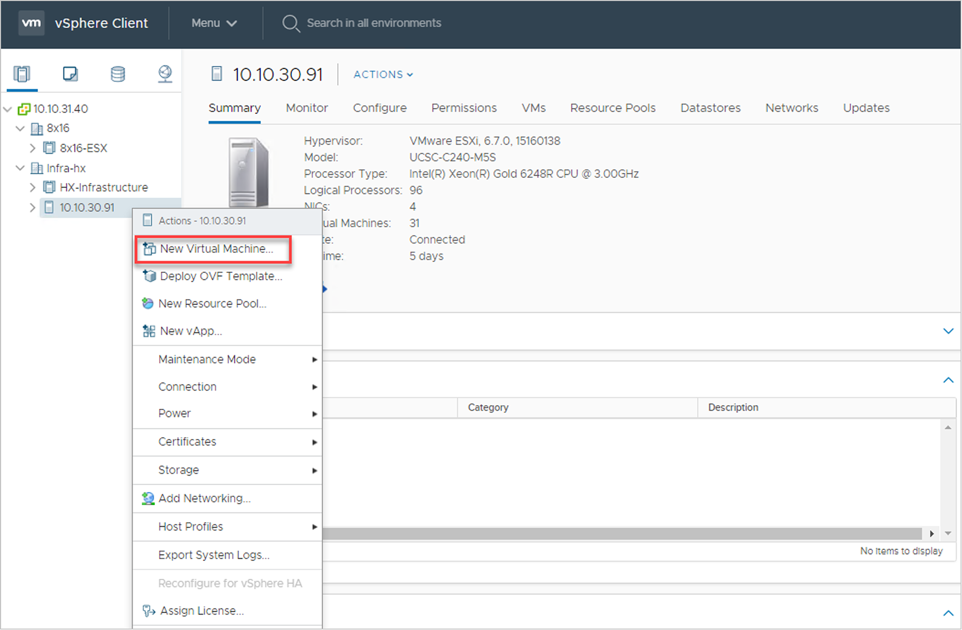 Creating a new virtual machine in the VMware vSphere Web Client