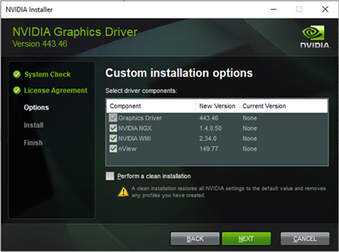Components to be installed during NVIDIA graphics driver installation process