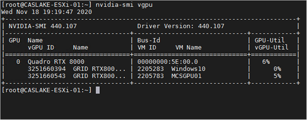 The nvdia-smi command output from the host