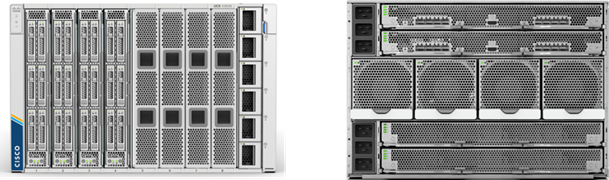 Cisco UCS 9508 X-Series Chassis, front (top) and back (bottom)