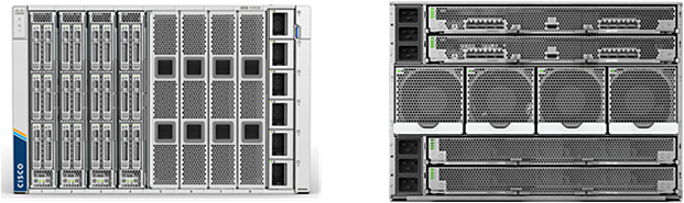 Cisco UCS X9508 Chassis, front (left) and back (right)