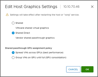 Edit Host Graphics Settings window in vCenter
