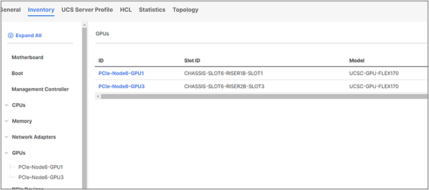 Cisco Intersight views of the PCI node inventory with Intel Flex 170