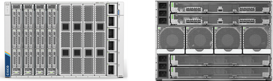 Cisco UCS X9508 Chassis, front (left) and back (right)