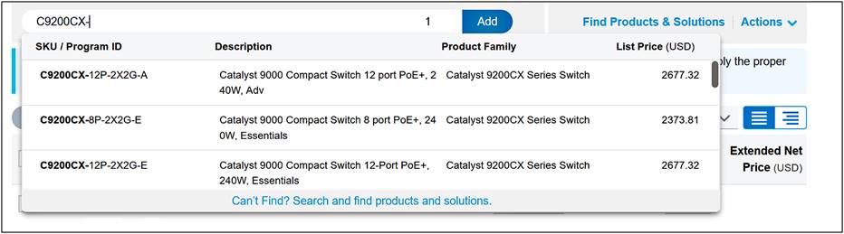 Cisco Commerce Workspace search for C9200CX models