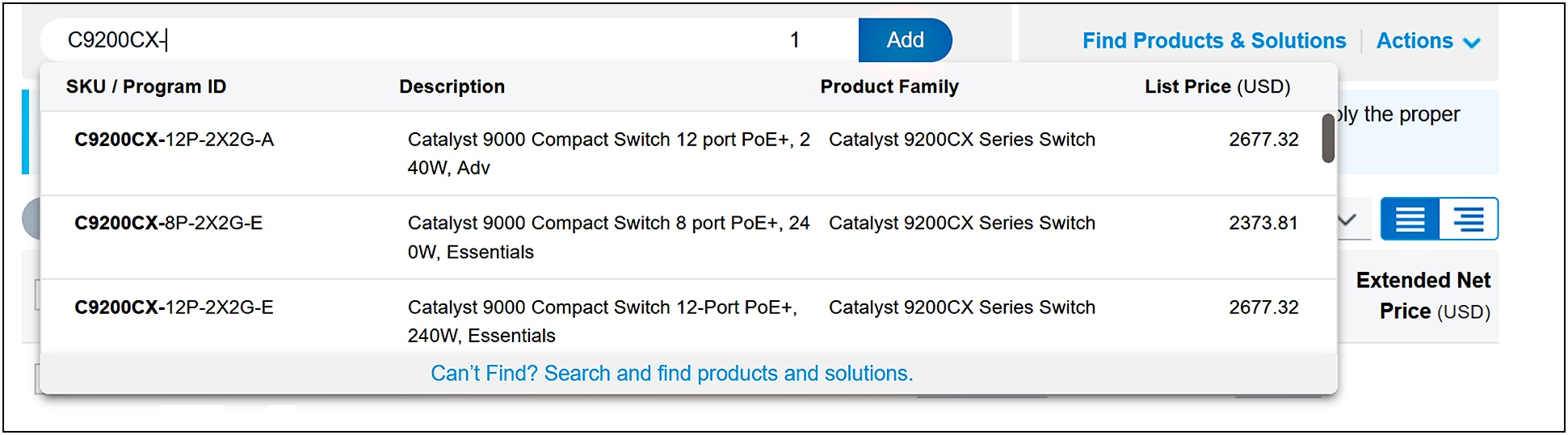 Cisco Commerce Workspace search for C9200CX models