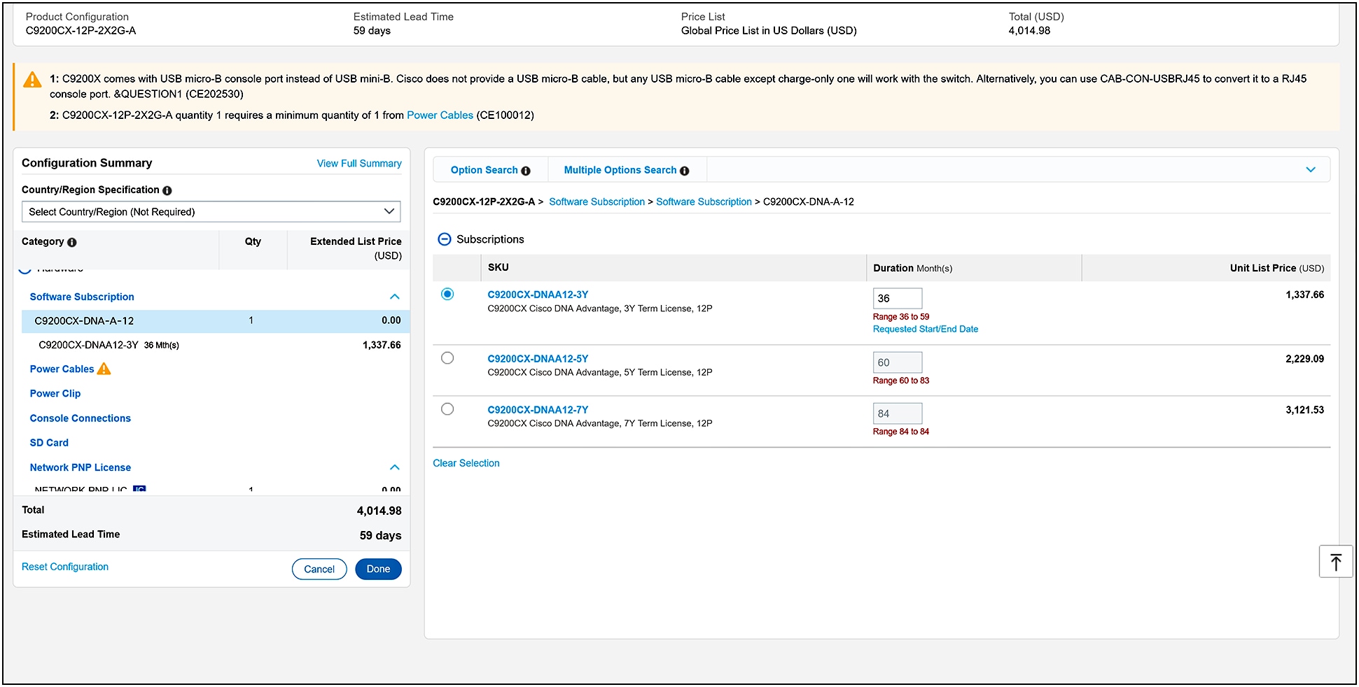 Cisco DNA Software subscription options for C9200CX models