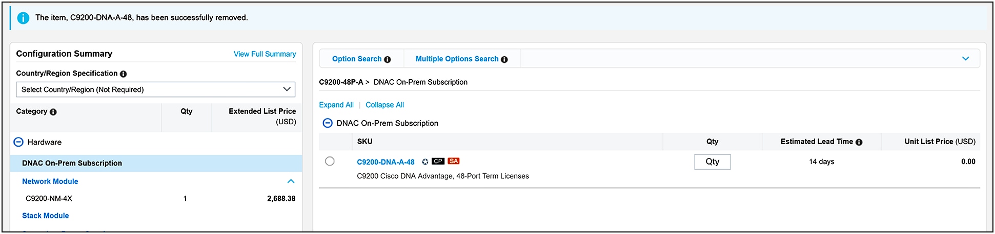 Cisco DNA Software subscription deselected