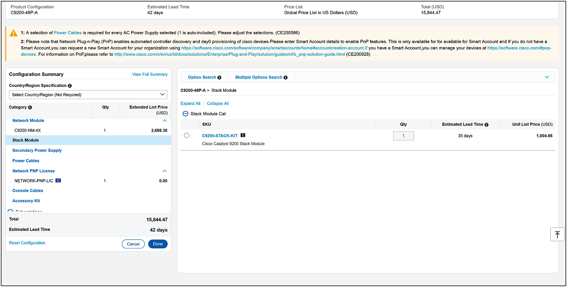 Cisco Catalyst 9200 Series stacking kit option