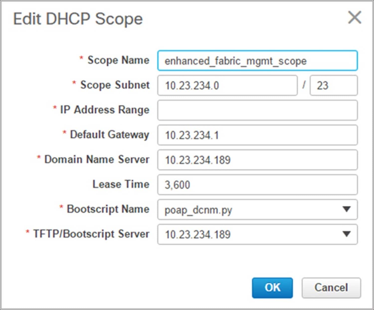 DCNM > Configure > POAP > DHCP scope
