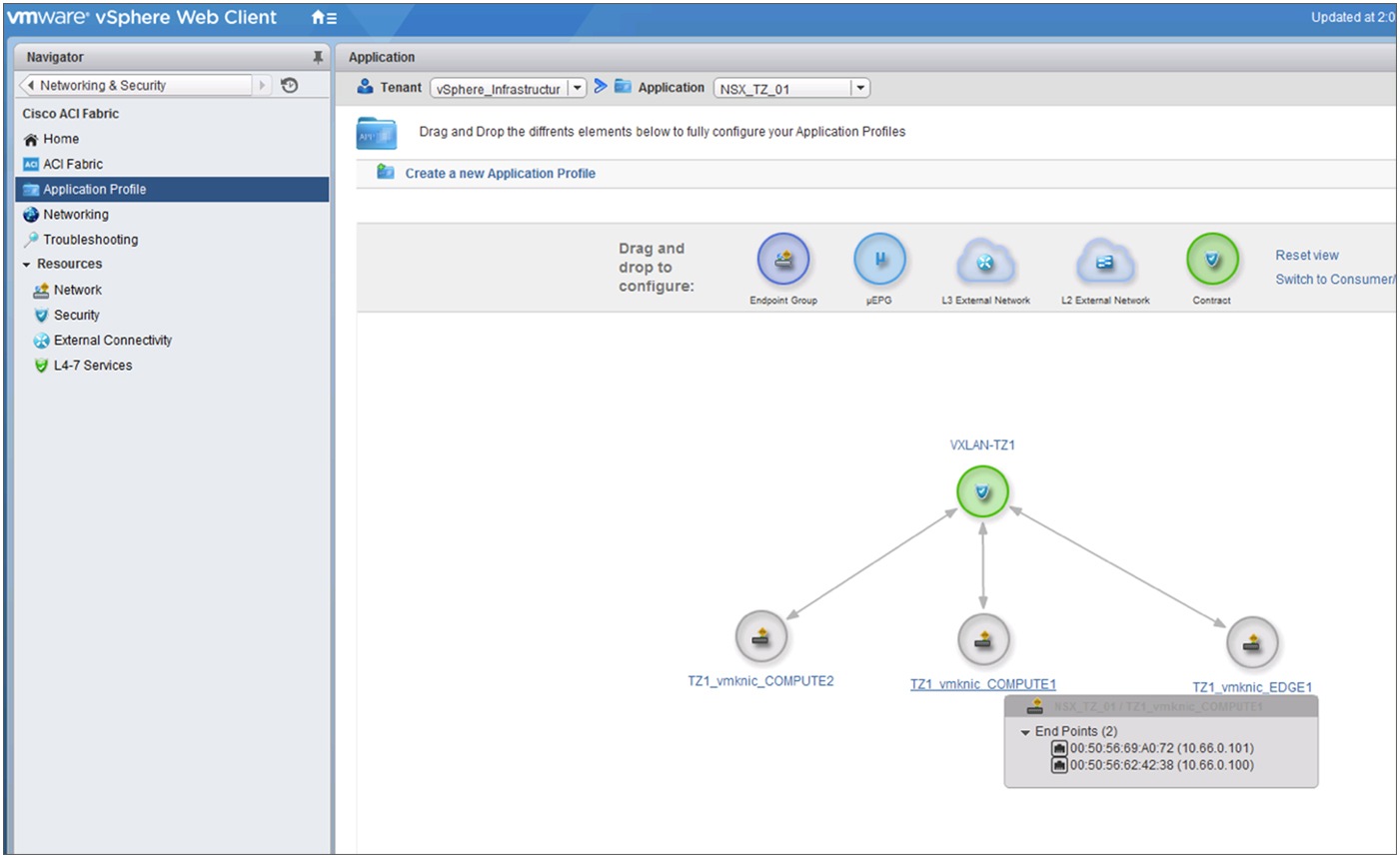 A view of the NSX VTEP EPGs for various clusters as seen from the Cisco ACI vSphere plug-in