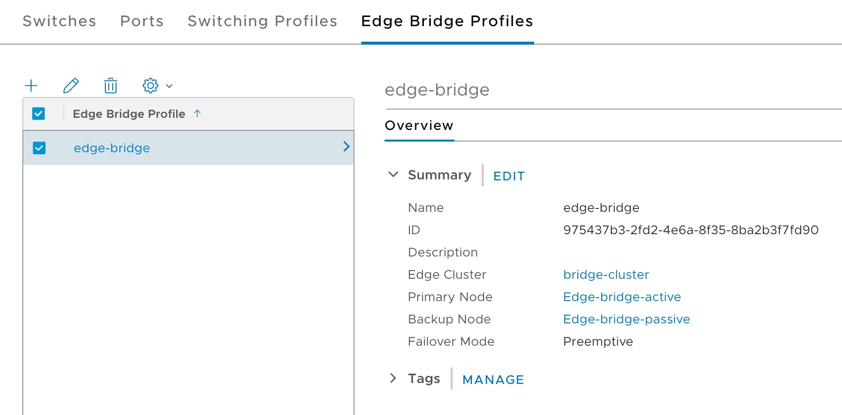 Detail of an edge bridge profile created with primary and backup edge nodes for bridging