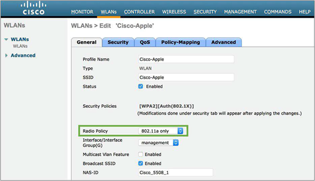 Configuring radio policy to 5 GHz on an AireOS WLC