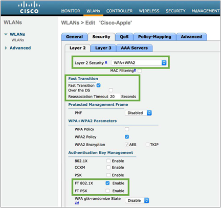 Enabling 802.11r FT on an AireOS controller