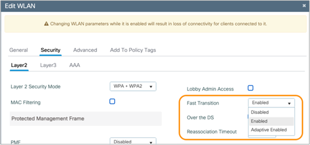 Enabling adaptive 802.11r on the WLAN for a Catalyst controller