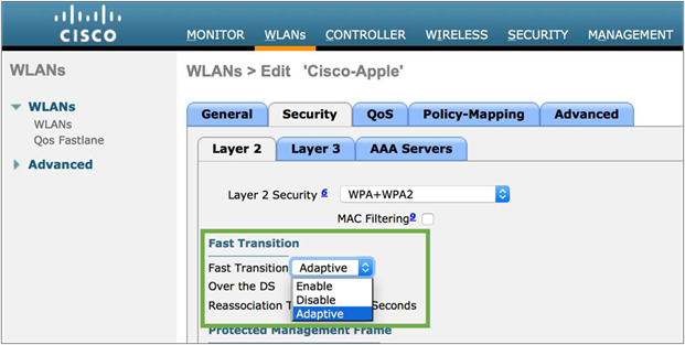Enabling adaptive 802.11r on the WLAN for an AireOS controller