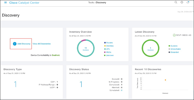 Location of the Add Discovery button on the Tools – Discovery page