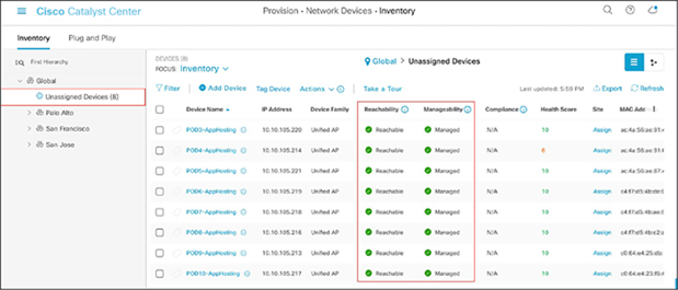 Reachability and Manageability status of discovered devices