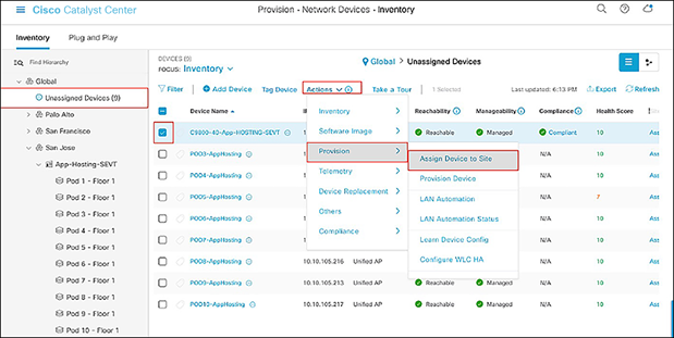 Assigning a WLC to a site on the Inventory page