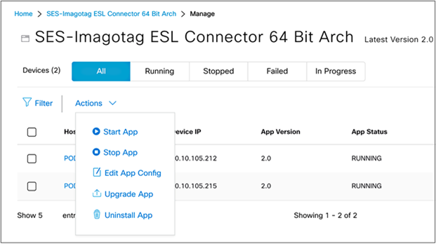 Actions drop-down menu within the application management page