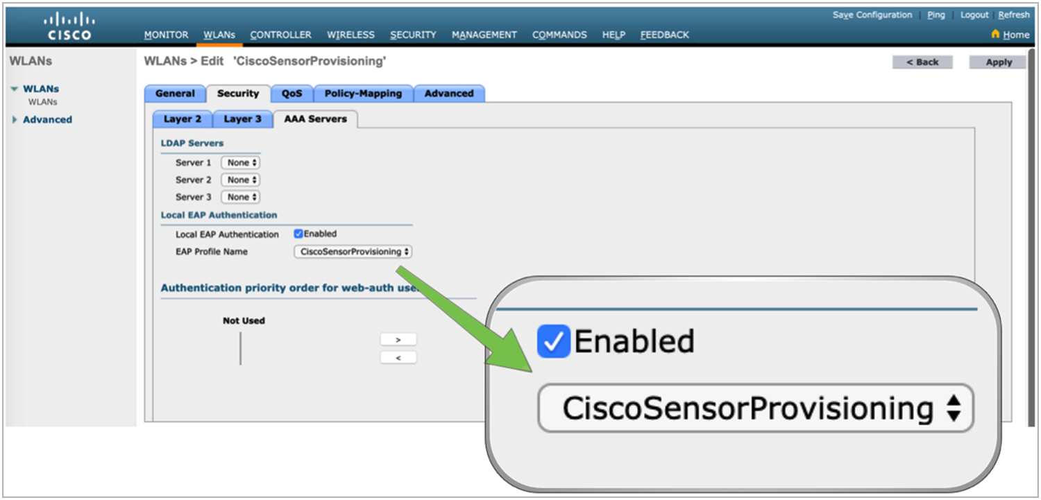 Local authentication profile assigned to the CiscoSensorProvisioning SSID