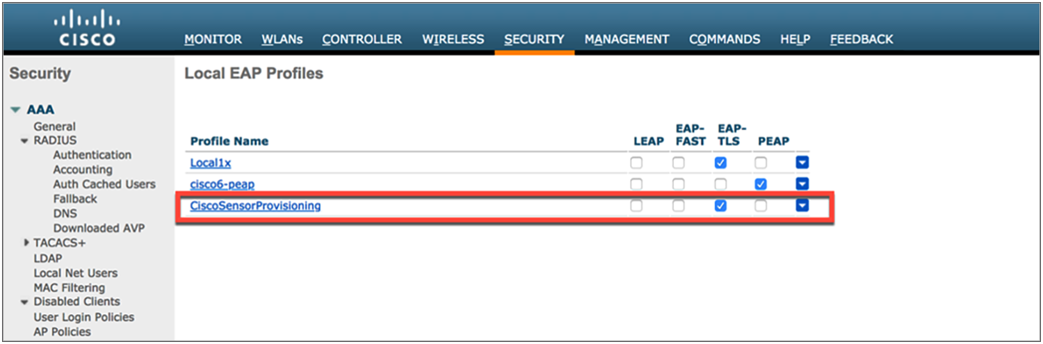 Local authentication profile for Aironet Active Sensor provisioning