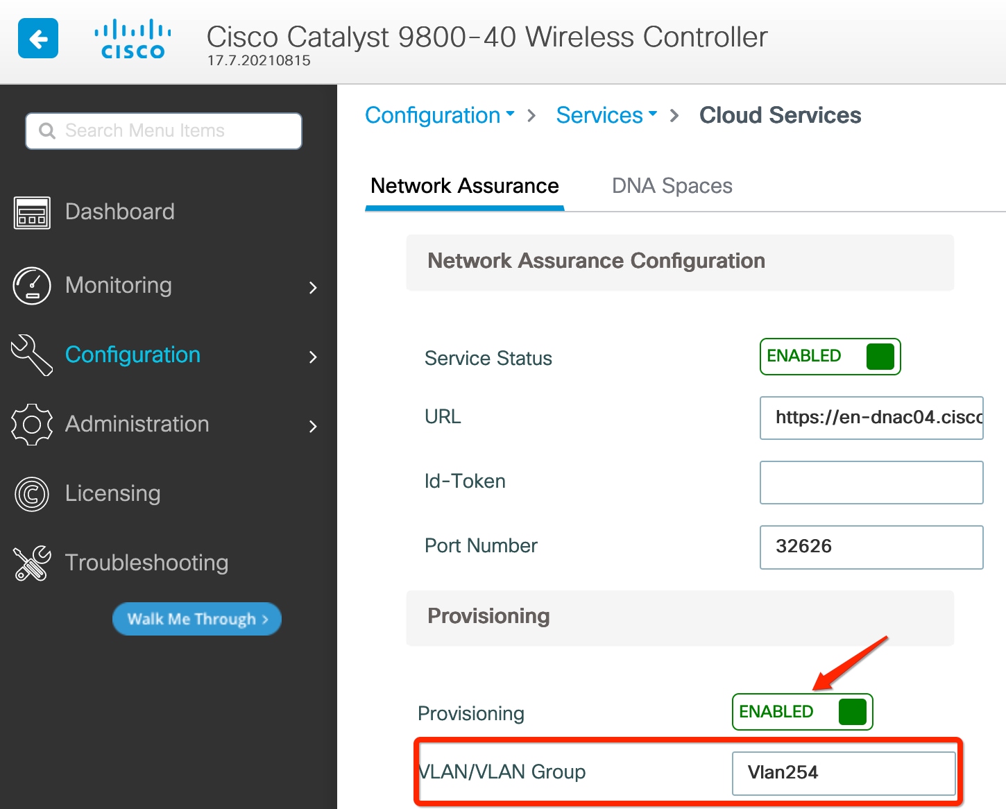 Location of Provisioning button on the 9800 Series WLC