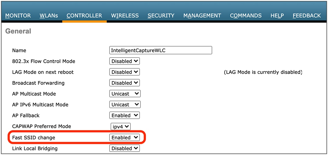 Location of the Fast SSID change toggle in the AireOS WLC GUI