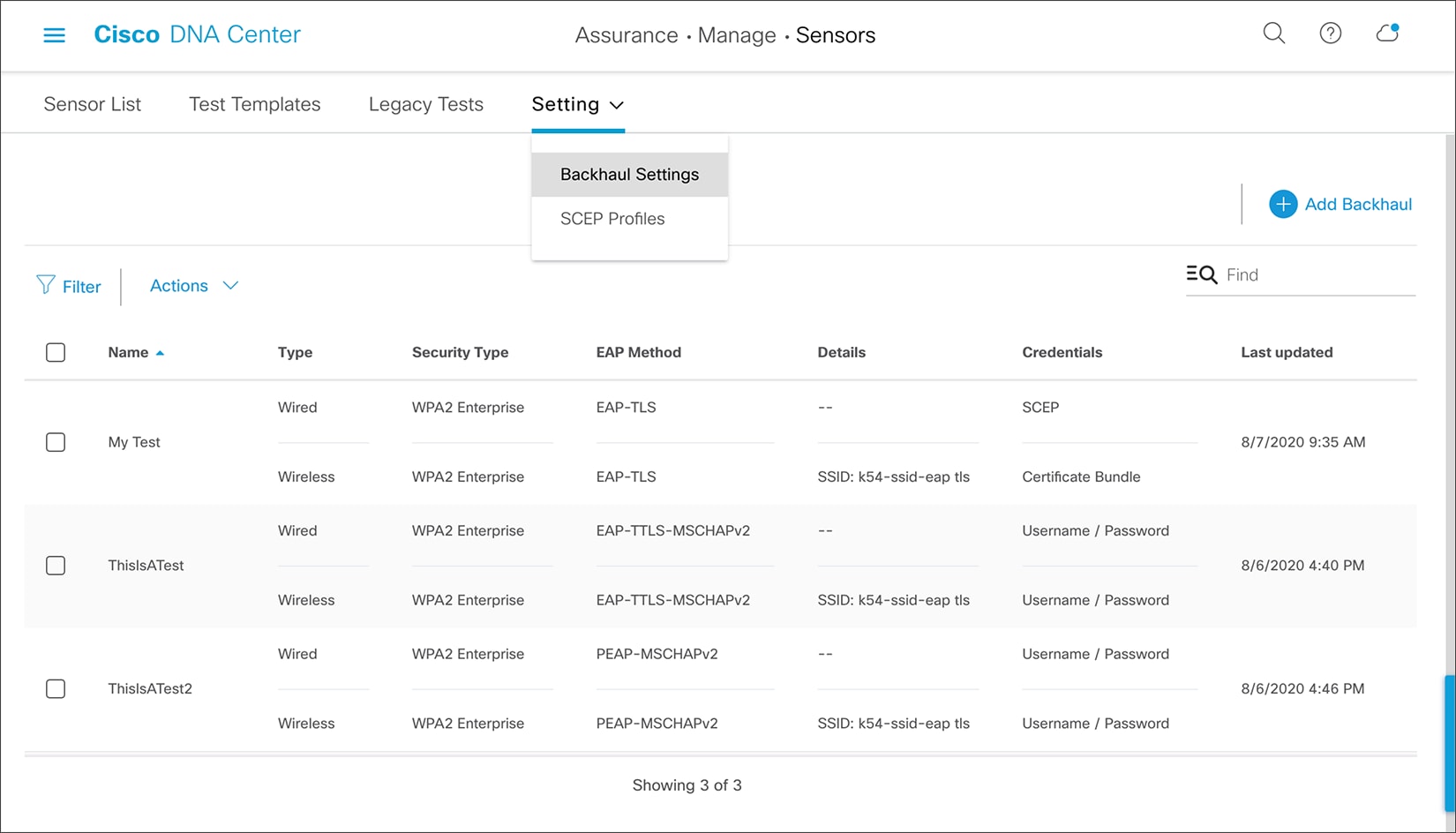 Location of backhaul settings and Add Backhaul button in Cisco DNA Center