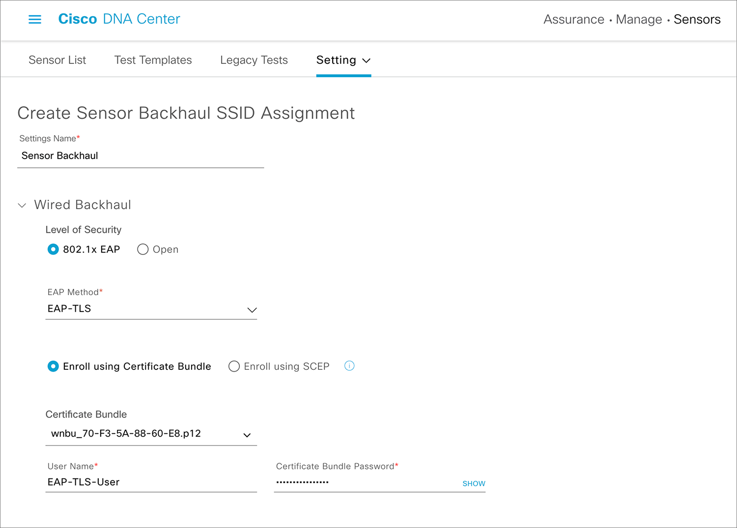 Configuring a custom certificate, username, and password with EAP-TLS for a wired backhaul profile