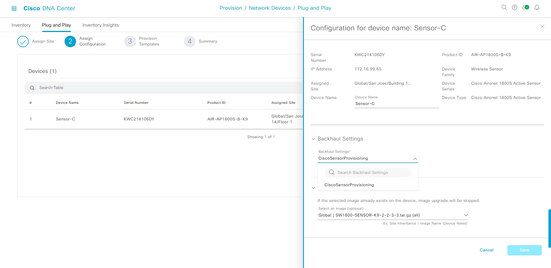 Selecting the backhaul settings for a claimed sensor