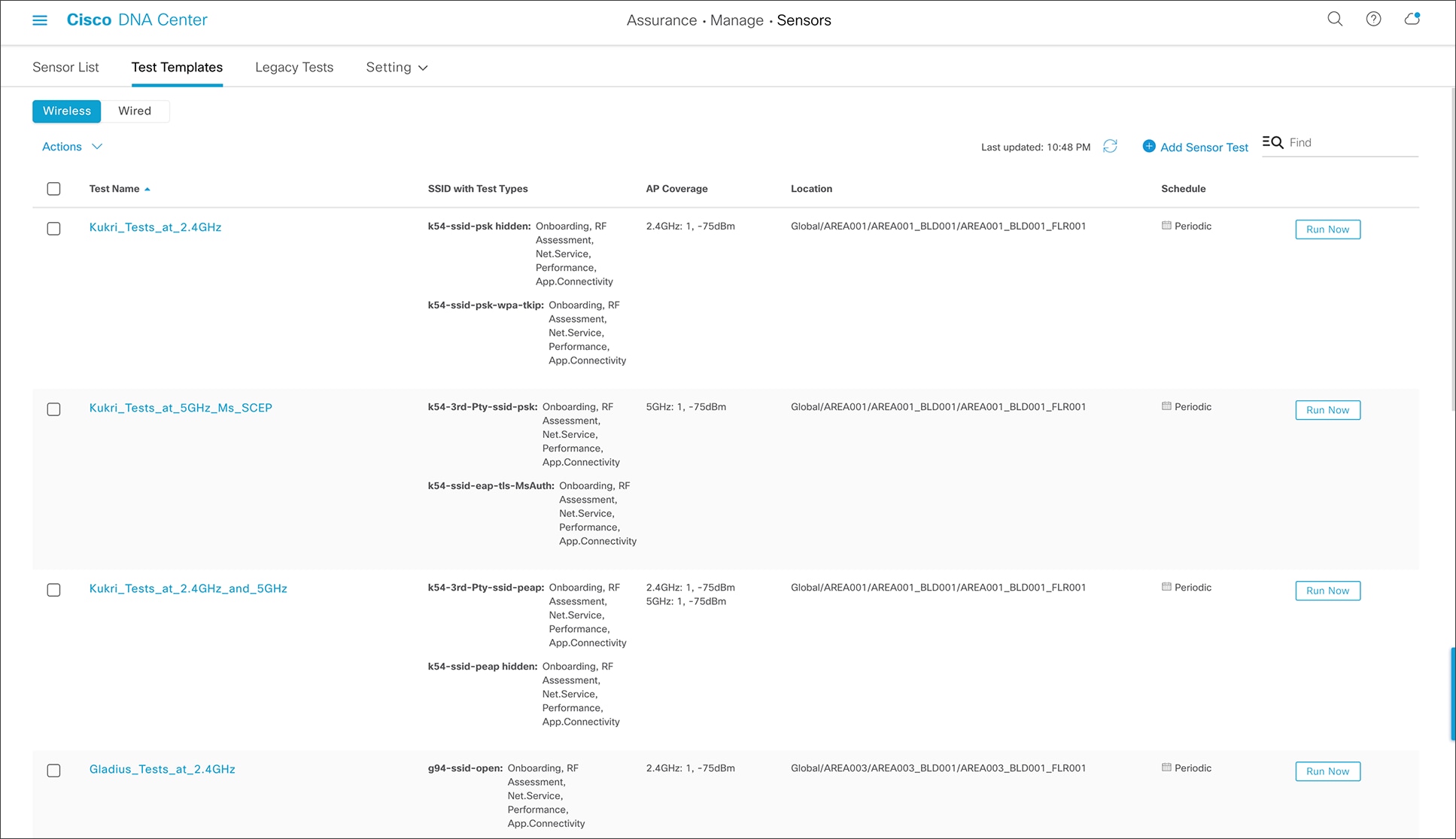 Test Templates page