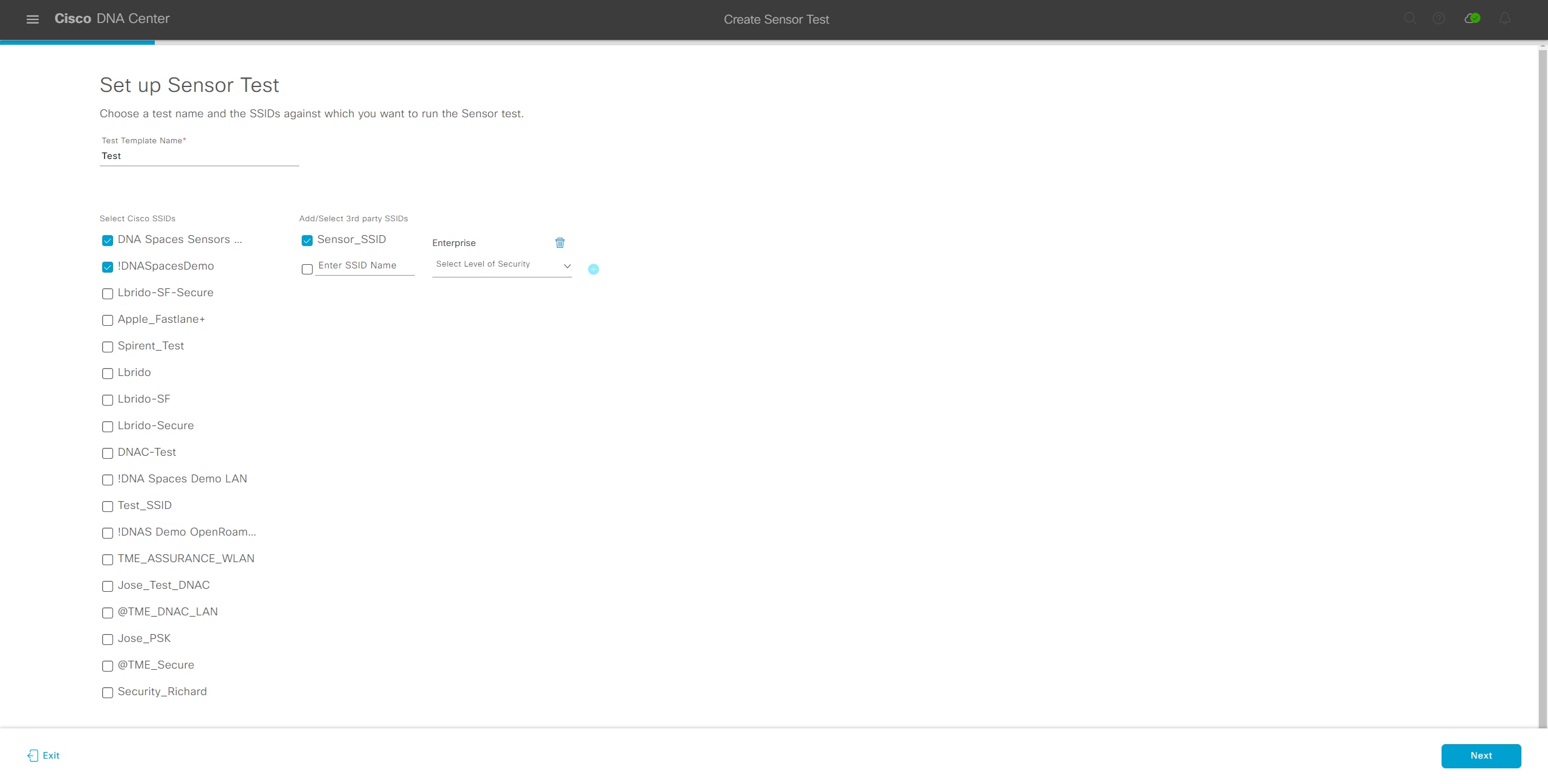 Choosing SSIDs for the sensor test