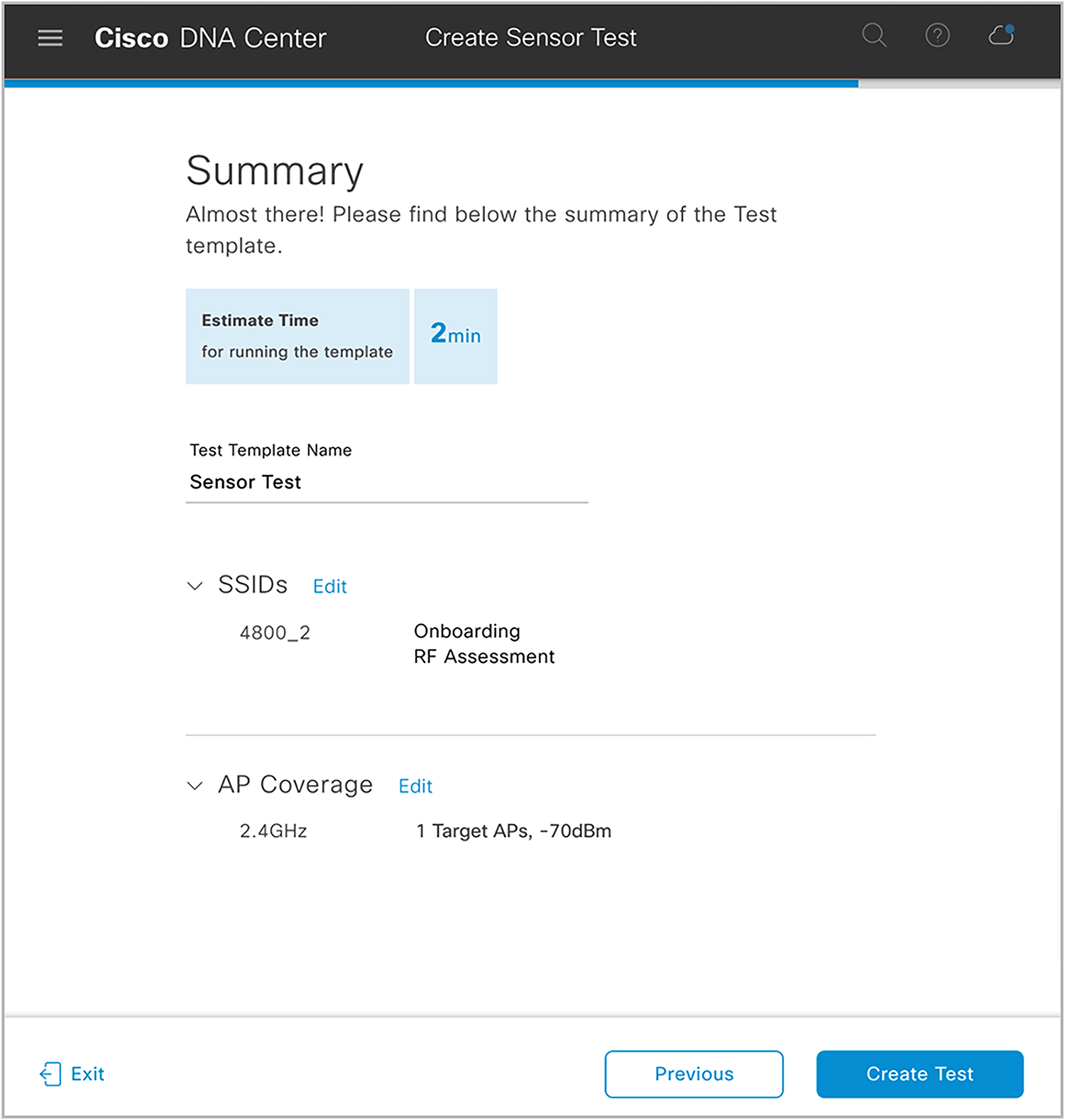 Summary page to review the sensor tests configured