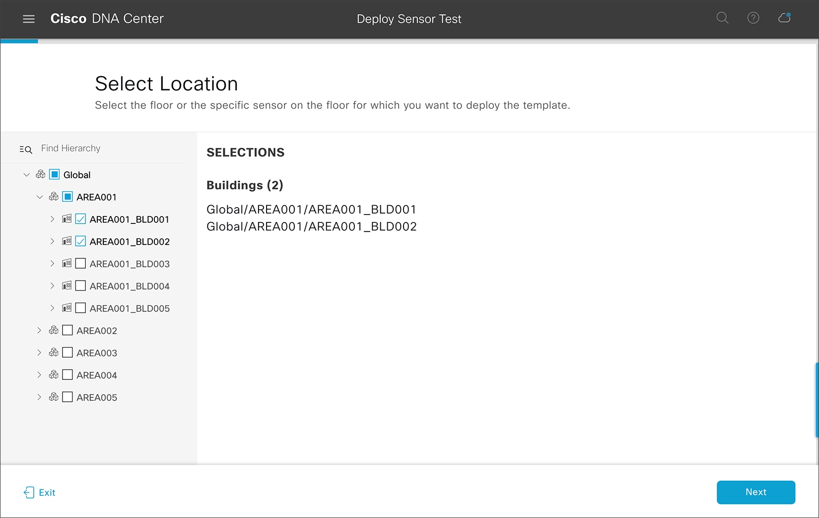 Selecting buildings or areas when deploying test templates
