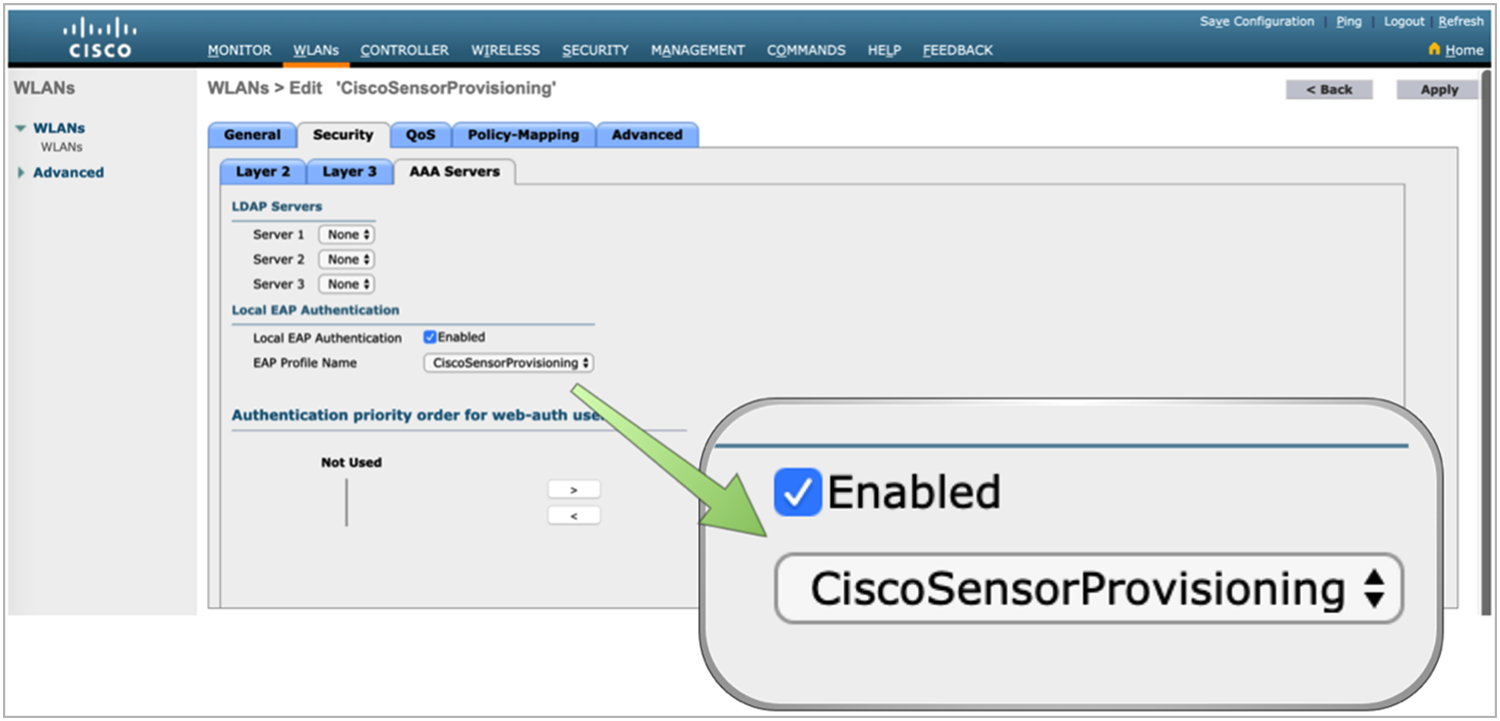 Local authentication profile assigned to the CiscoSensorProvisioning SSID