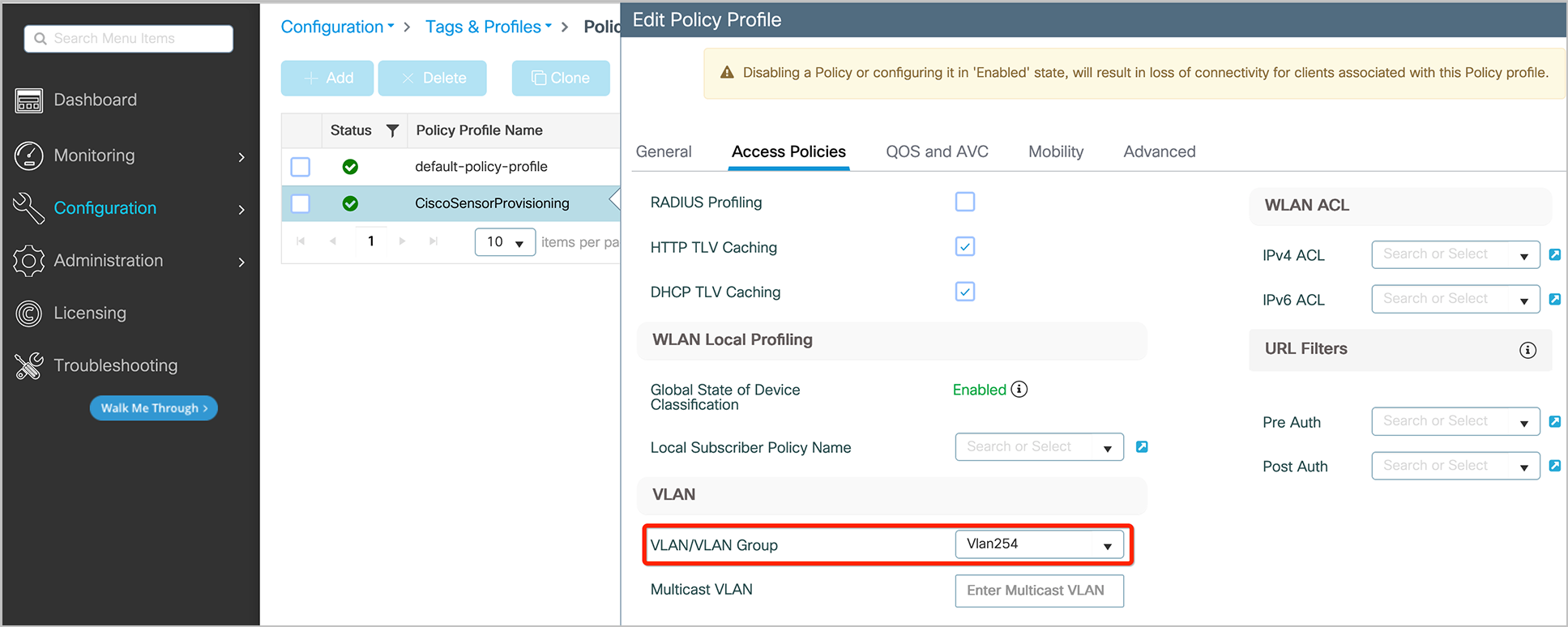 Enable the VLAN for the CiscoSensorProvisioning policy profile