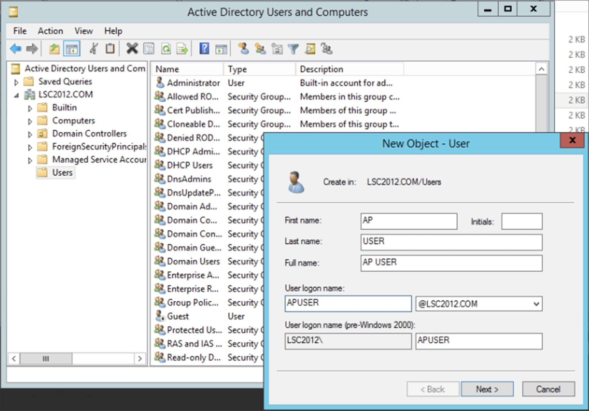 Creating a new SCEP user within Active Directory Users and Computers.