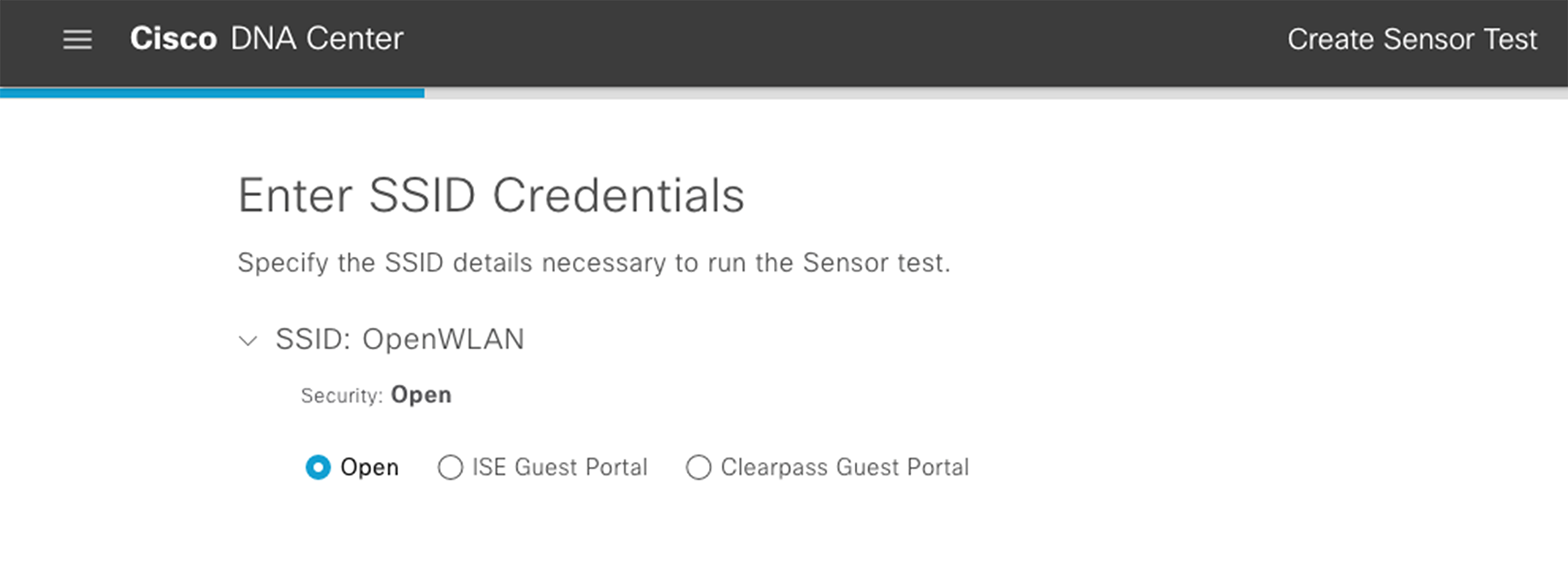 Options provided when creating a new SSID during sensor test creation