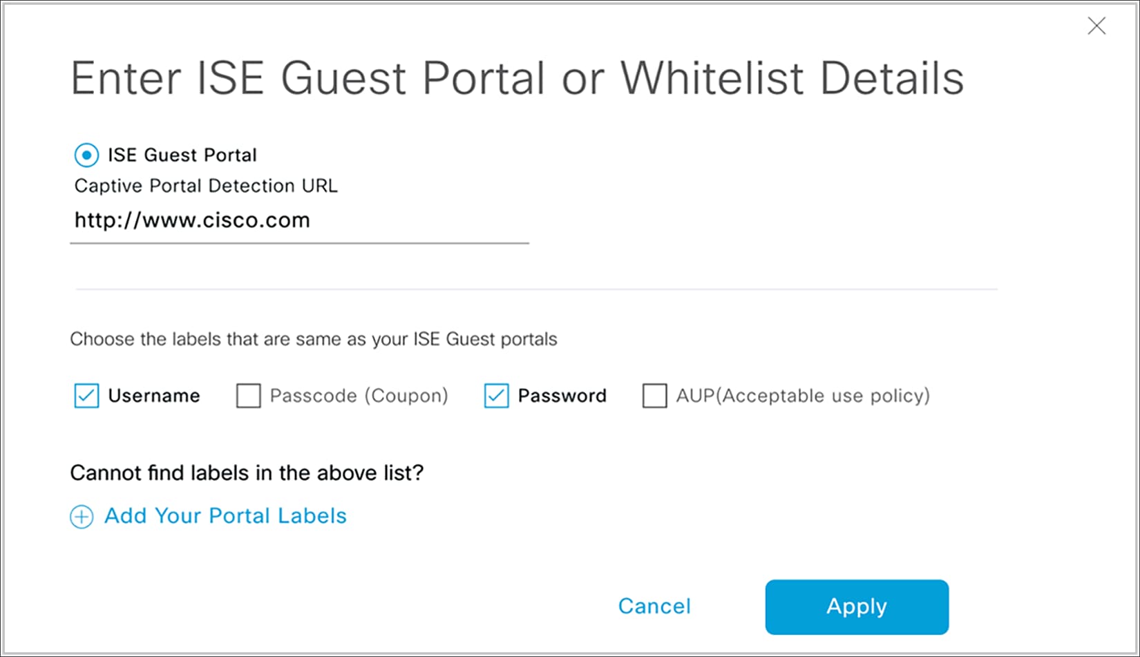 Configuring ISE guest portal details during test creation