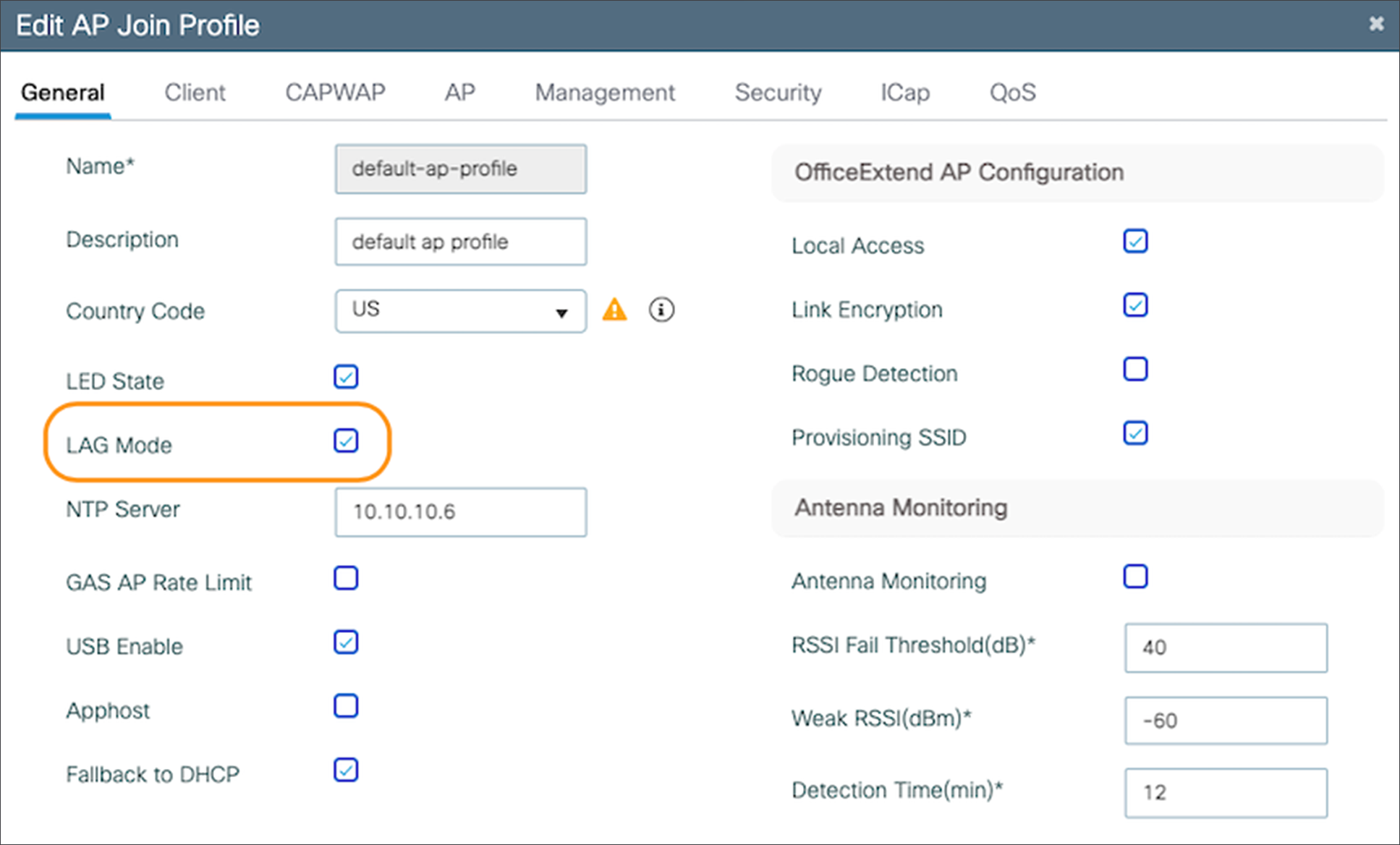 Enabling link aggregation on an AP join profile