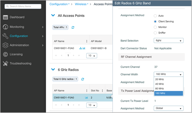 Configuring a 6-GHz radio channel width – Note screen shots may be different depending upon version of software etc.