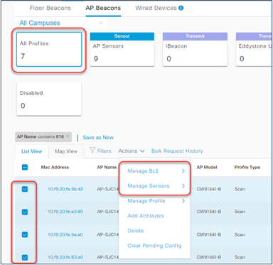 Cisco Spaces bulk-enable or disable of BLE or sensor capabilities.