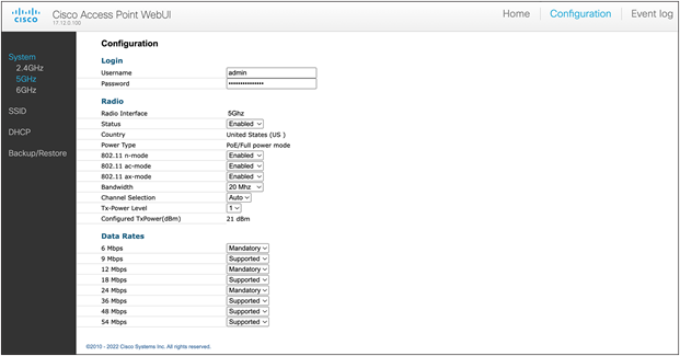 Configuration page of the Catalyst CW9166D1 in Site Survey mode